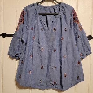 Boho Top Embroidered Chambray Beaded Peasant Blouse Blue Relaxed Festival Size L